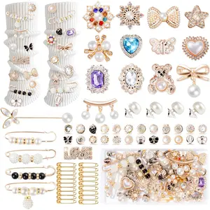 65 count Charms for Socks Safety Pin Brooch junk socks charms Brooches and Pins for Women Junk Socks Charms Pins Safety Pin Charms for Socks  Rhinestone Brooch Pins Buttons Shoe Sock Charms Kit