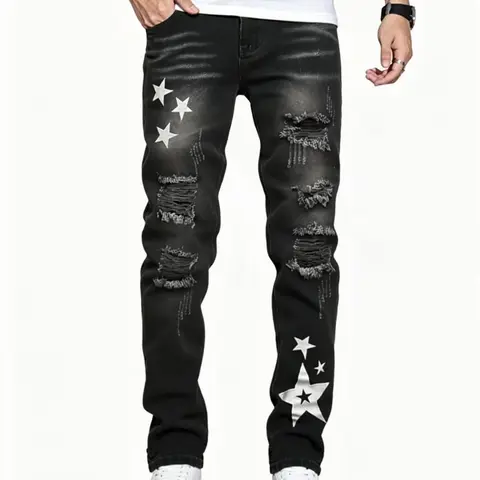 Men's Stylish Black Denim Trouser - 00s Menswear Distressed Ripped Jeans, Embroidered Funky Streetwear Bottoms for Summer Casual, Halloween Outfit