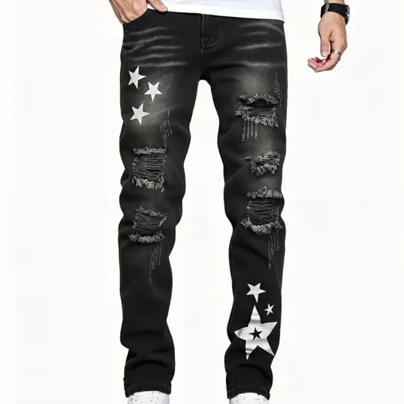 Men's Stylish Black Denim Trouser - 00s Menswear Distressed Ripped Jeans, Embroidered Funky Streetwear Bottoms for Summer Casual, Halloween Outfit