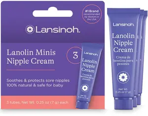 Lansinoh Lanolin Nipple Cream Safe for Breastfeeding Baby, Breastfeeding Essentials, 3 Mini Tubes, Each 0.25 Ounces