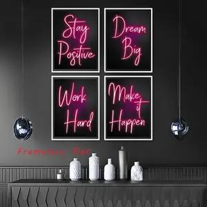 4-Piece Set Inspiring Red Neon Canvas Wall Art for Living Room and Bedroom Decor - Black Background, Frameless, Unframed Art Print