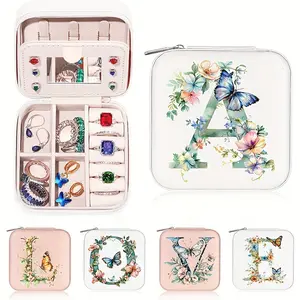 Personalized Alphabet Faux Leather Jewelry Organizer Box, Modern Style Flip Top Jewelry Roll with Brushed Finish, Faux Suede Lined Travel Case, with Necklace Storage and Zipper Closure for Tabletop Display