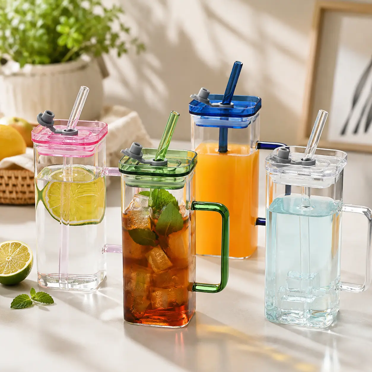 Iced Coffee Cups with Lids,12 oz Glass Cups with Lids and Straws as Coffee Bar Accessories,Beer Drinking Glasses,Stylish Reusable Glass Tumbler,Cute Coffee Cups for Coffee, Juice, Gifts Drinkware Square