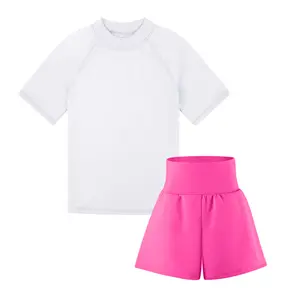 BIG ELEPHANT Girls Swimsuit 2 Pieces, Rash Guard with Swim Shorts Set, UPF 50+ Bathing Suits, Kids Swimwear
