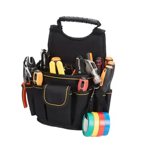 8 Inch Oxford Fabric Tool Bag, Heavy Duty Tool Tote with Multiple Pockets, Detachable Divider & Shoulder Strap, Portable Tool Organizer Pouch for Waist or Carry, Black