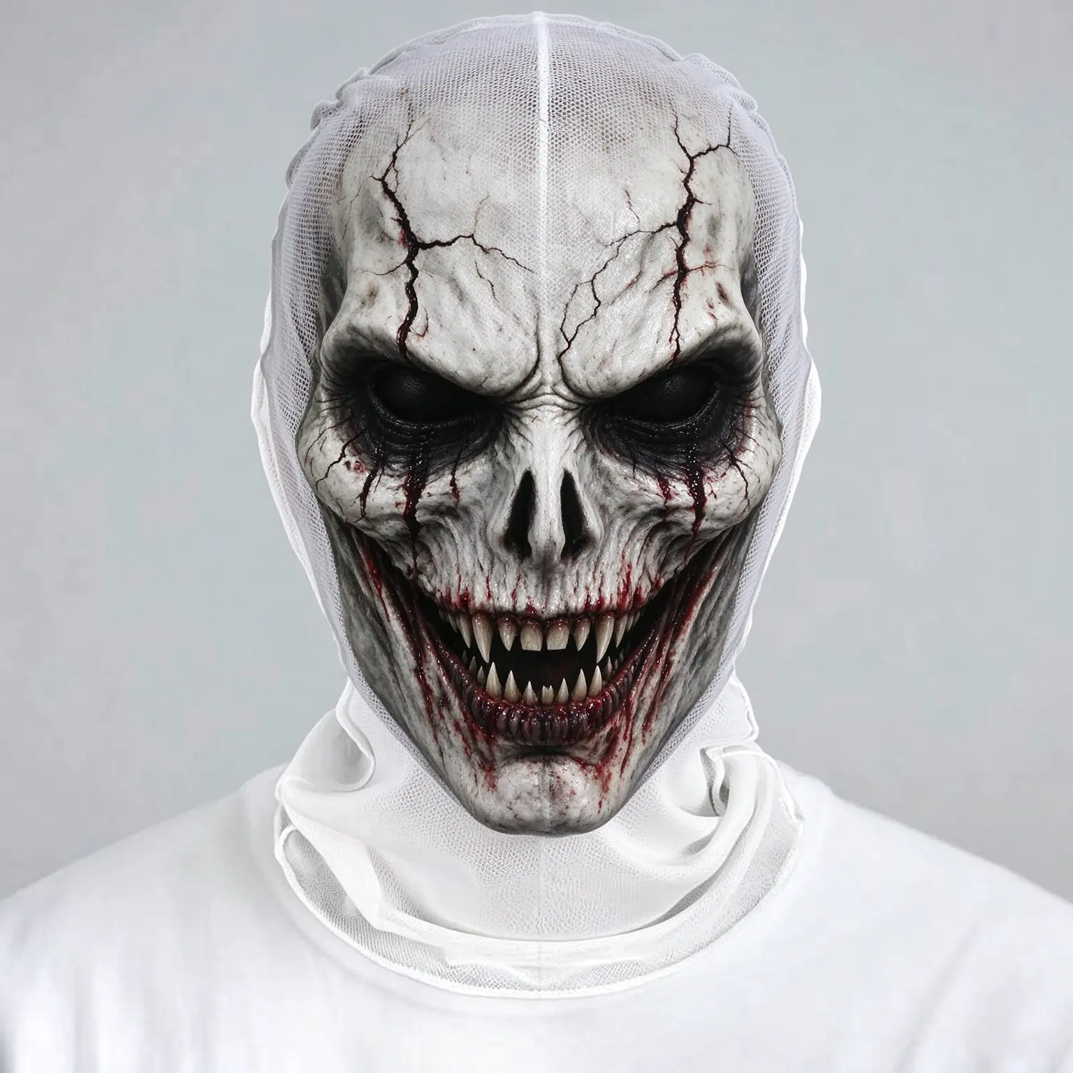 Bloody Cracked Skull Demon Balaclava Mask, Creepy Sharp Fangs Mesh Full Face Mask Halloween Cosplay