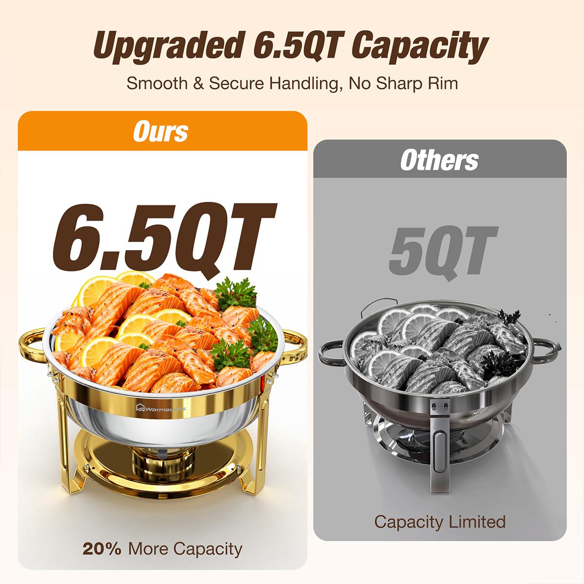 WARMOUNTS 6.5QT Gold Chafing Dishes for Buffet with Glass Lid , Round Chafers and Buffet Warmers Set with Mirror-Polished Stainless Steel, Rolled Rim, Stackable, Lid Holder for Parties, Weddings (2/4/6 Pack）