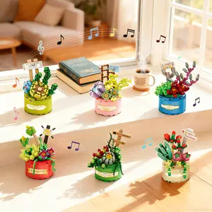 Succulent Music Box Building Blocks – Rotating Flower Pot DIY Model Kit | Cute Aesthetic Desk Decor Gift
