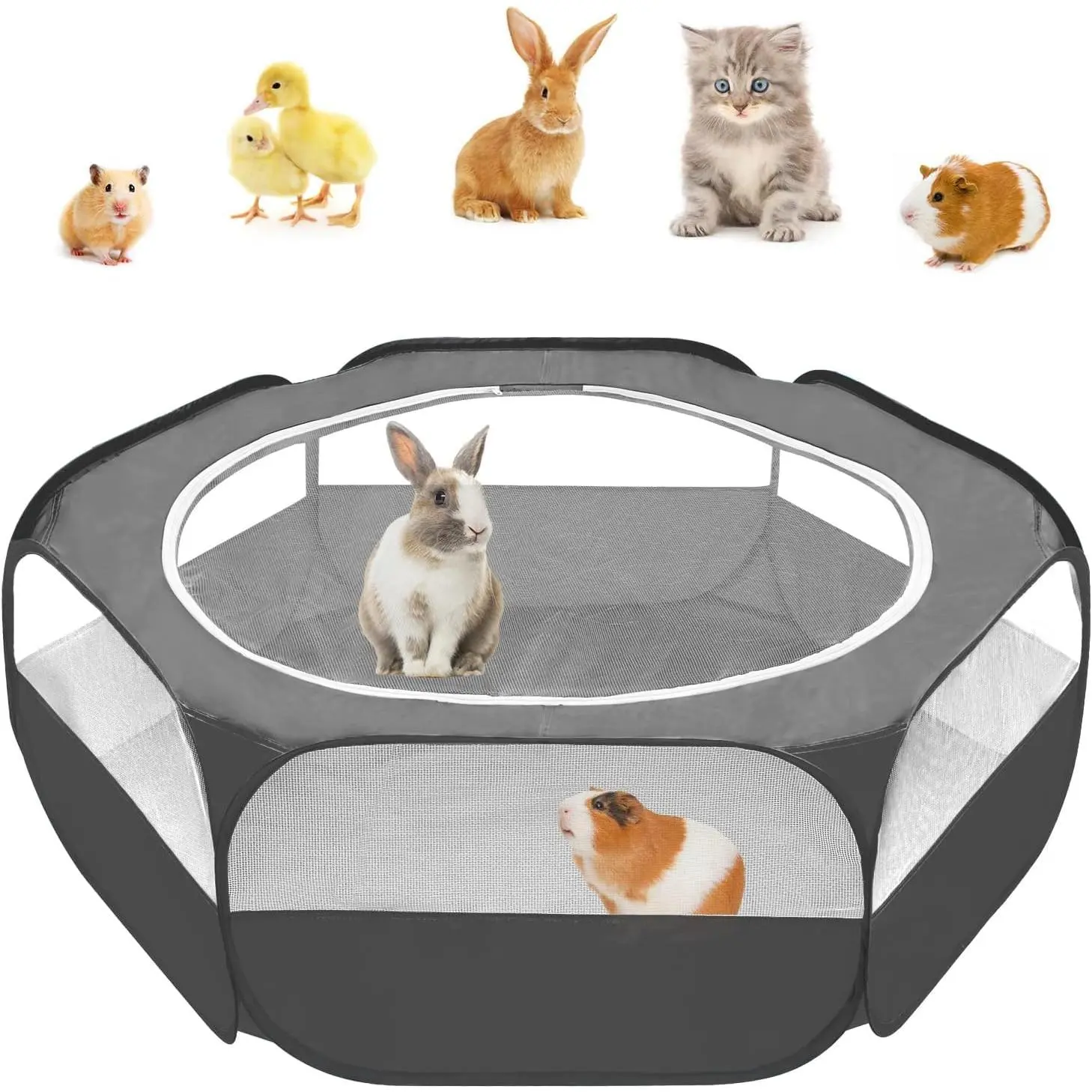 Guinea Pig Playpen with Cover, Bunny Playpen with Top, Rabbit Pop Up Playpen with Roof, Small Animal Play Pen Indoor, for Ferret/Chinchilla/Bearded Dragon/Kitten (Black)