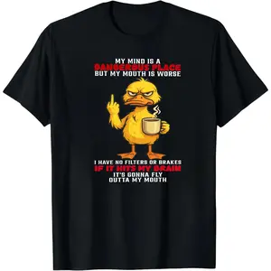 Mens Humorous Duck Graphic T Shirt My Mind Is a Dangerous Place Slogan Casual Short Sleeve Party Tee 100% Cotton Comfortable Breathable Soft Fabric Medium Stretch Round Neck