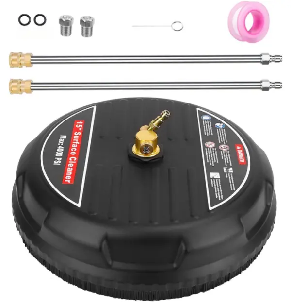 15 Inch Pressure Washer Surface Cleaner Attachment, Max 3300 PSI 4.0 GPM Pressure Washer Accessory with 2 Extension Wands & 2 Replacement Nozzles, 1/4 Inch Quick Connect Rotary Cleaning Disc for Driveway Patio Sidewalk Deck Concrete Outdoor Floor