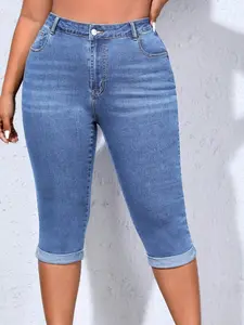 Women's Vintage Plus Size Denim Womenswear Mid-Thigh Pants, High Waist Roll Hem Elastic Slim Fit Seven-Quarter Jeans, Casual Home & Outdoors Essential