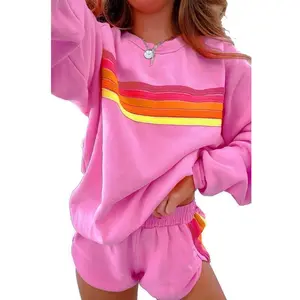 Women's Striped Accent Pullover and Shorts Two Piece Casual Set for Comfortable Daily Wear - Clothing, Lounge wear Womenswear Suits