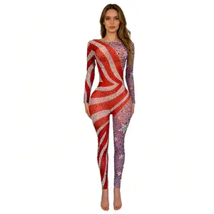American Flag Rhinestone Bodycon Jumpsuit,Long Sleeve Sheer Mesh Bodysuit for Stage Performances,Live Streaming Costumes
