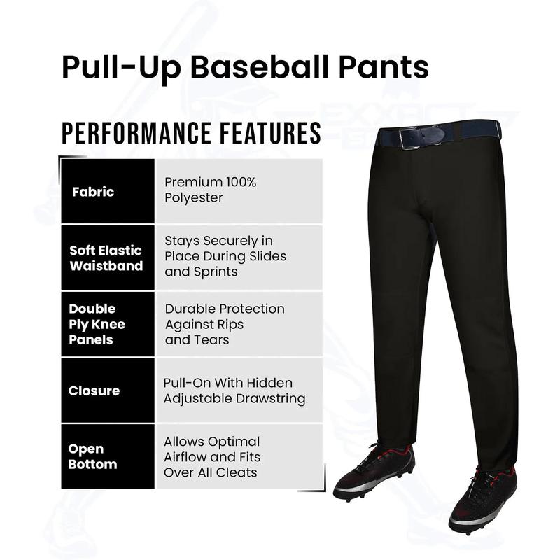 Exxact Sports Pull-Up Youth Baseball Pants with Adjustable Drawstring, Full-Length, No-Fly, Open Bottom Boys Baseball Pants (Black)