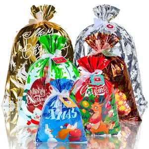 30 Pack Christmas Gift Bags Assorted Sizes with Ribbon Ties 5 Small 5 Medium 10 Large 10 Extra Large Xmas Santa Holiday Reusable Gift Bags for Festive Gifting