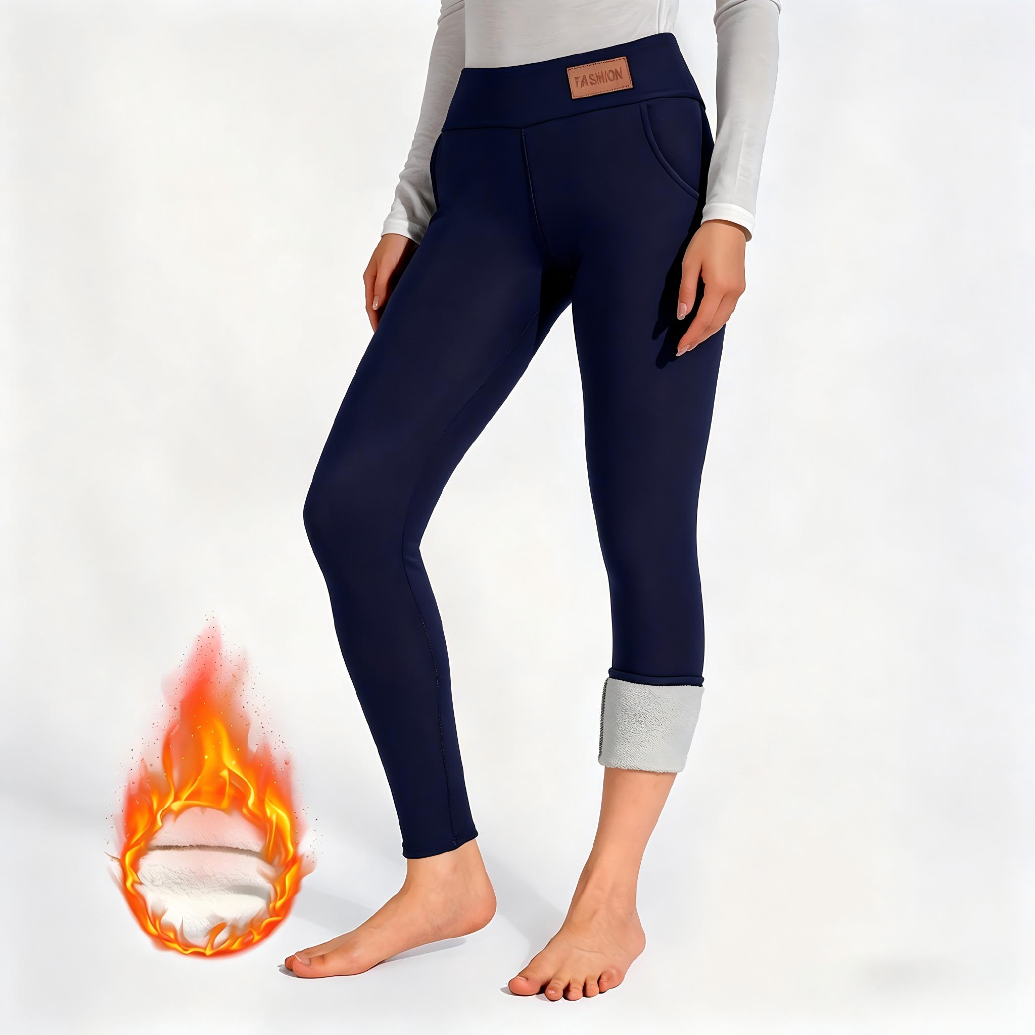 Warm Long Fleece Lined High Waisted Leggings Casual Elastic Pocket Pants Sporty Style All Seasons Plain Pattern Minimalist Womenswear