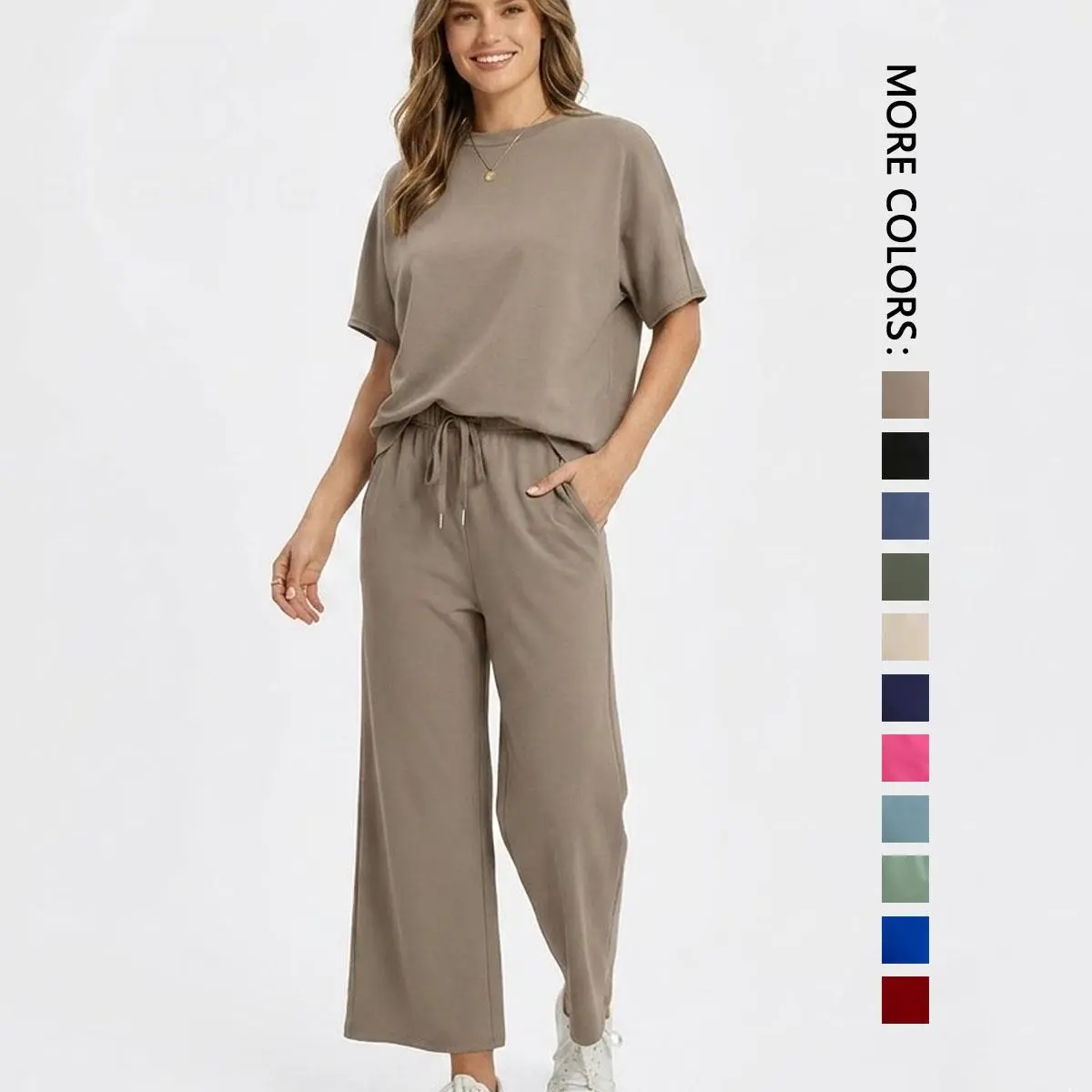Women's 2-Piece Minimalist Lady Casual Set - Summer Oversized Shortsleeve Lounge Outfit with Adjustable Drawstring Wide-Leg Crop Pants, Ideal for Airport & Beach Vacations