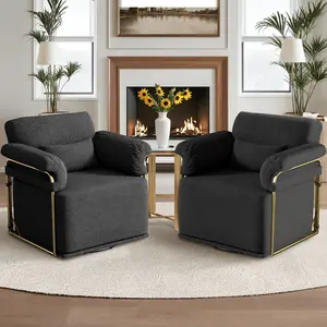 360° Swivel Accent Chair Set of 2 - Fluffy Fabric Wide Lounge Chair with Gold Metal Frame, Cozy Modern Reading Armchairs for Living Room Bedroom Patio