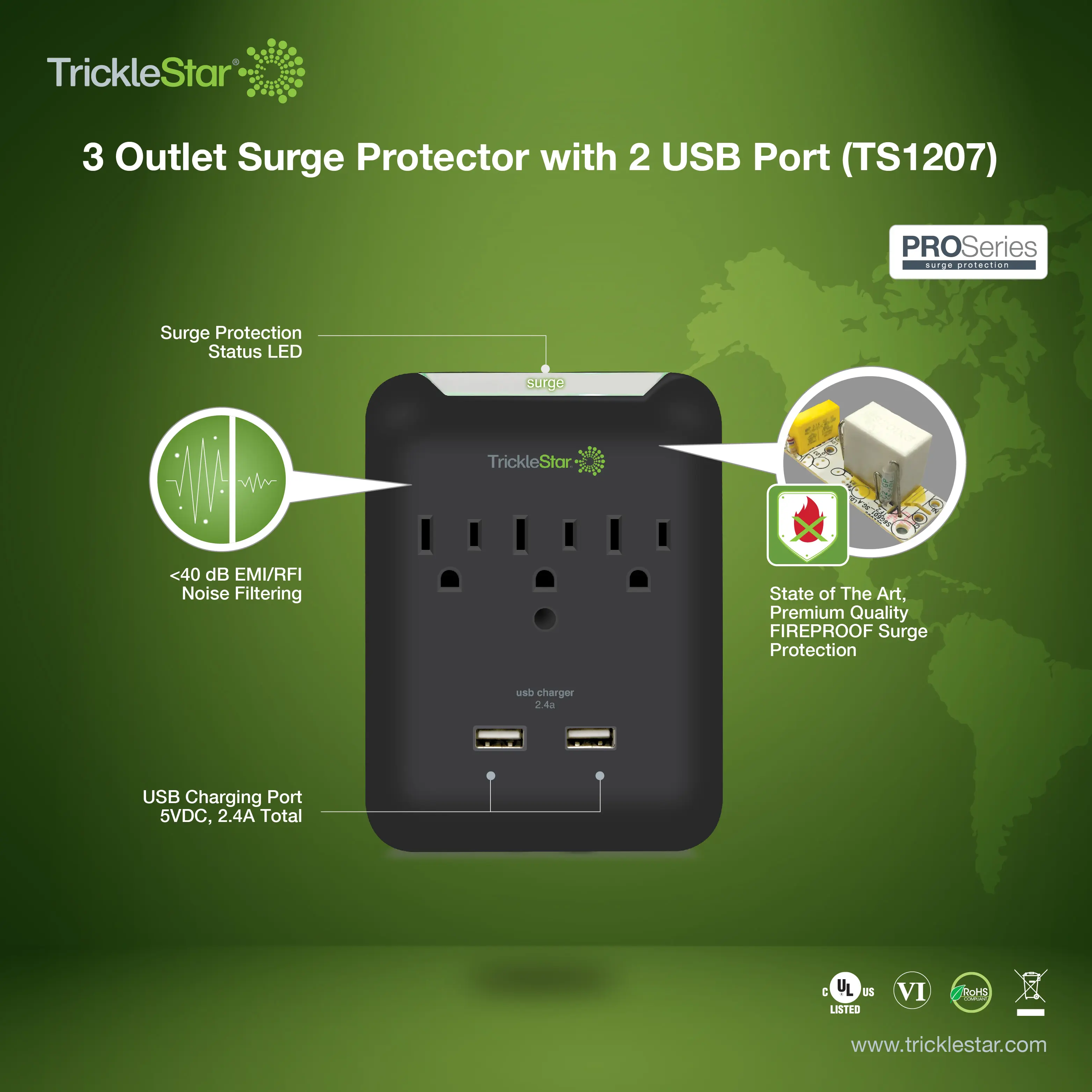 3 Outlet Surge Protector W/2 USB Port