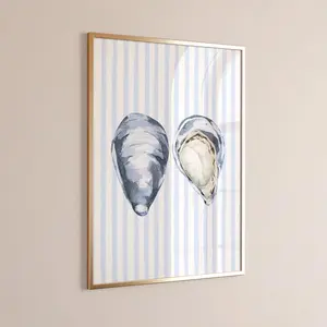 Oyster Wall Art on Blue Stripes – Coastal Kitchen Or Beach House Print, Room Decor, Unframed 5 Sizes, 8x12 to 27x40 Inch