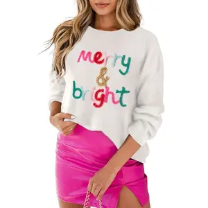 Merry Christmas Sweatshirts Women Merry And Bright Christmas Pullover Top Chenille Patch Letter Printed Xmas Jumper Hoodies Top