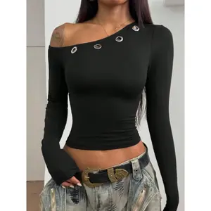 Women’s asymmetrical off-shoulder knit top, slim-fit sweater for spring, autumn, and winter, comfortable and fashionable design GARMENTARY