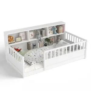 Full Size Wooden Floor Bed with Fence Guardrails & Side Storage Shelf, Montessori Low Platform Pine Wood Bed Frame in White or Natural Wood, Kids Bed with Open Entry, Safe & Easy Assembly
