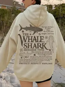 Women's casual home wear hooded sweatshirt, marine creature whale shark print, loose and fashionable pullover, suitable for all seasons, autumn and winter clothing