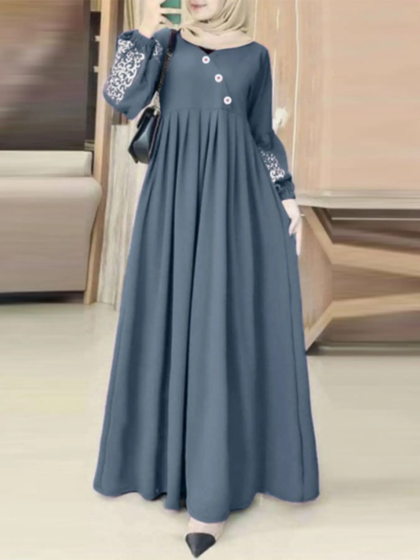 ZANZEA Women's Casual Maxi Dress Muslim Dress Long Sleeve Elastic Cuff Lantern Sleeves Pleated Waist Decorative Slit V Neck Design for Daily Long Sleeve Dresses