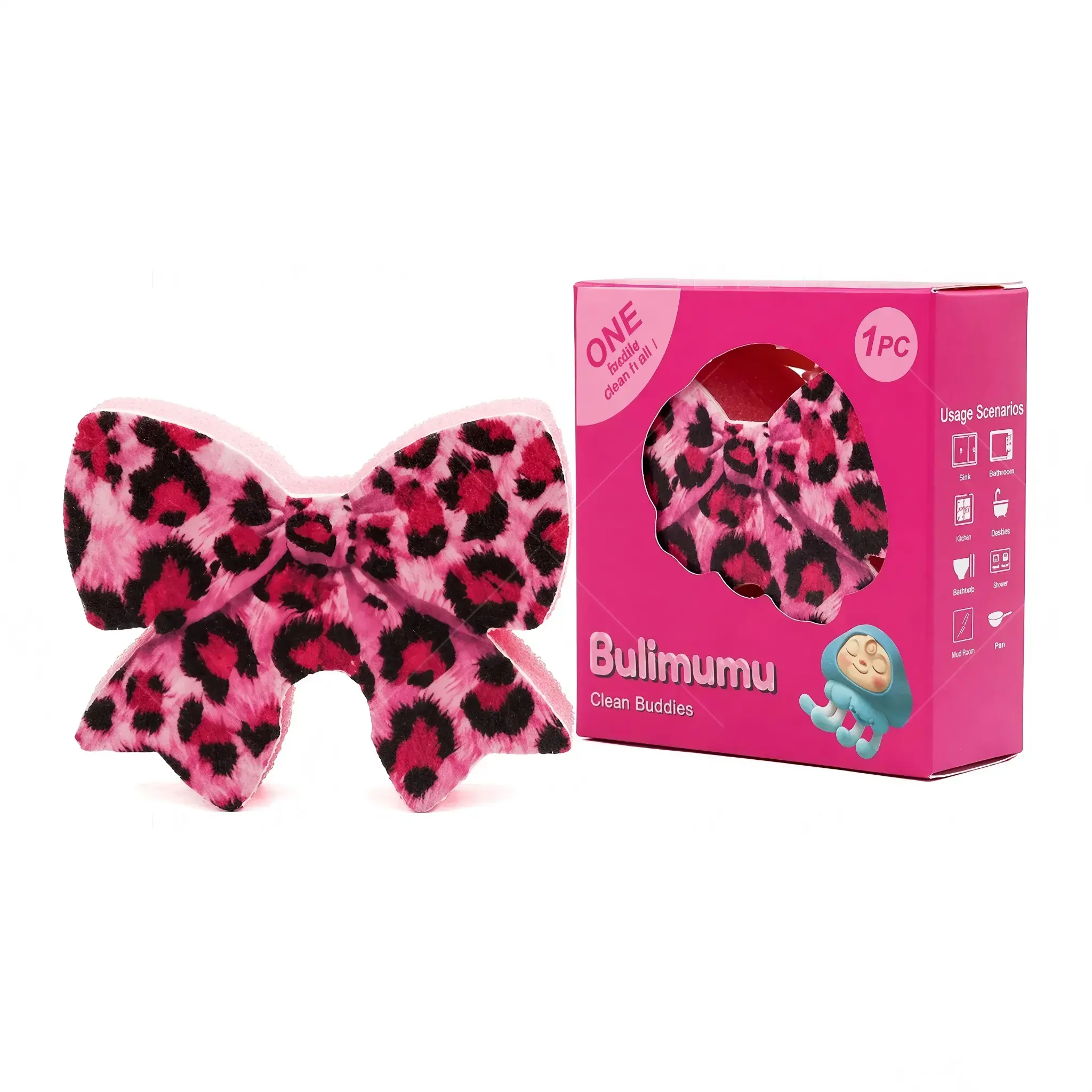 Bulimumu Cute Magic Cleaning Scrubber (Donut/Panda/Bow) - Eco-Friendly 3-Layer Multi-Material Sponge Accessory, Premium Gift Set for Kitchen Dishes, Stove Cooktop, 1PC Boxed