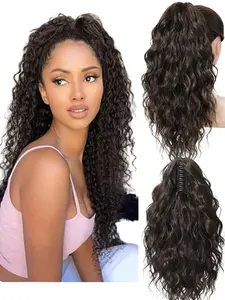 Short Curled Clip-In Ponytail Hair Extensions, Plush Thick Wavy Synthetic Hair, 18 Inch Wavy Curl Ponytail Wig, Loose Medium Long Hair for Women, Synthetic Curly Hair