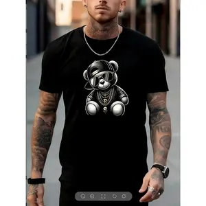 Men's Regular Fit Cartoon Bear Print Round Neck Tee, Street Fashion Casual Short Sleeve T-shirt for Daily Outdoor Wear, Mens Clothes for Summer, Casual Streetwear Top