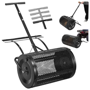 Compost Spreader For Garden, 24-Inch Wide Peat Moss Spreader With Push/Tow Handle, Integrated Brush, 4 Adjustable Height Settings, Powder-Coated Steel Roller, Heavy Duty Grass Seed Spreader For Planting And Seeding