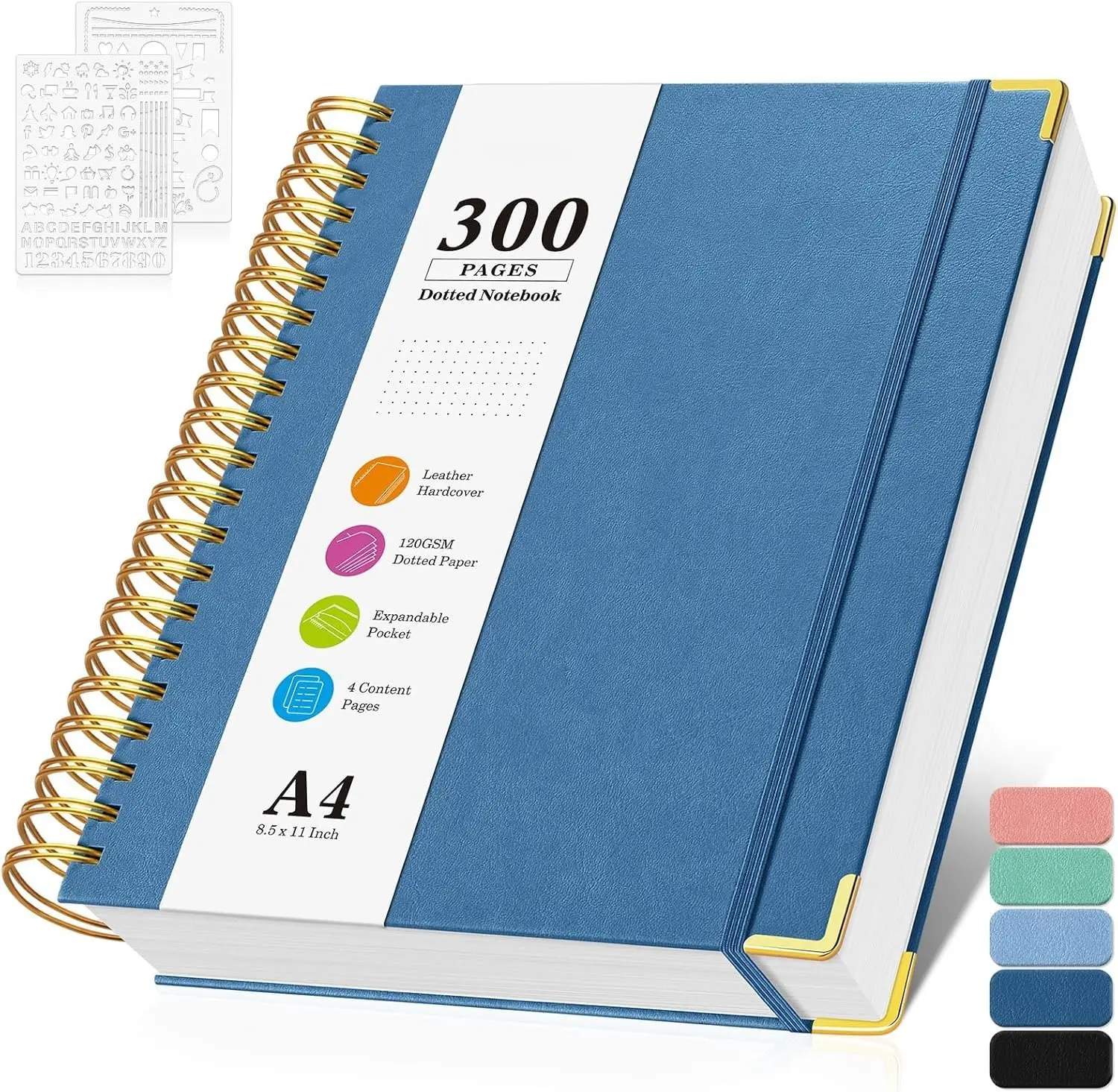 Dotted Journal Spiral Notebook, 300 Pages Leather Notebooks with Contens, 120 GSM Thick No Bleed Through Paper Journals, A4 Dot Grid Notebook for Women Men Work Writing, 8.5" x 11", Dark Blue