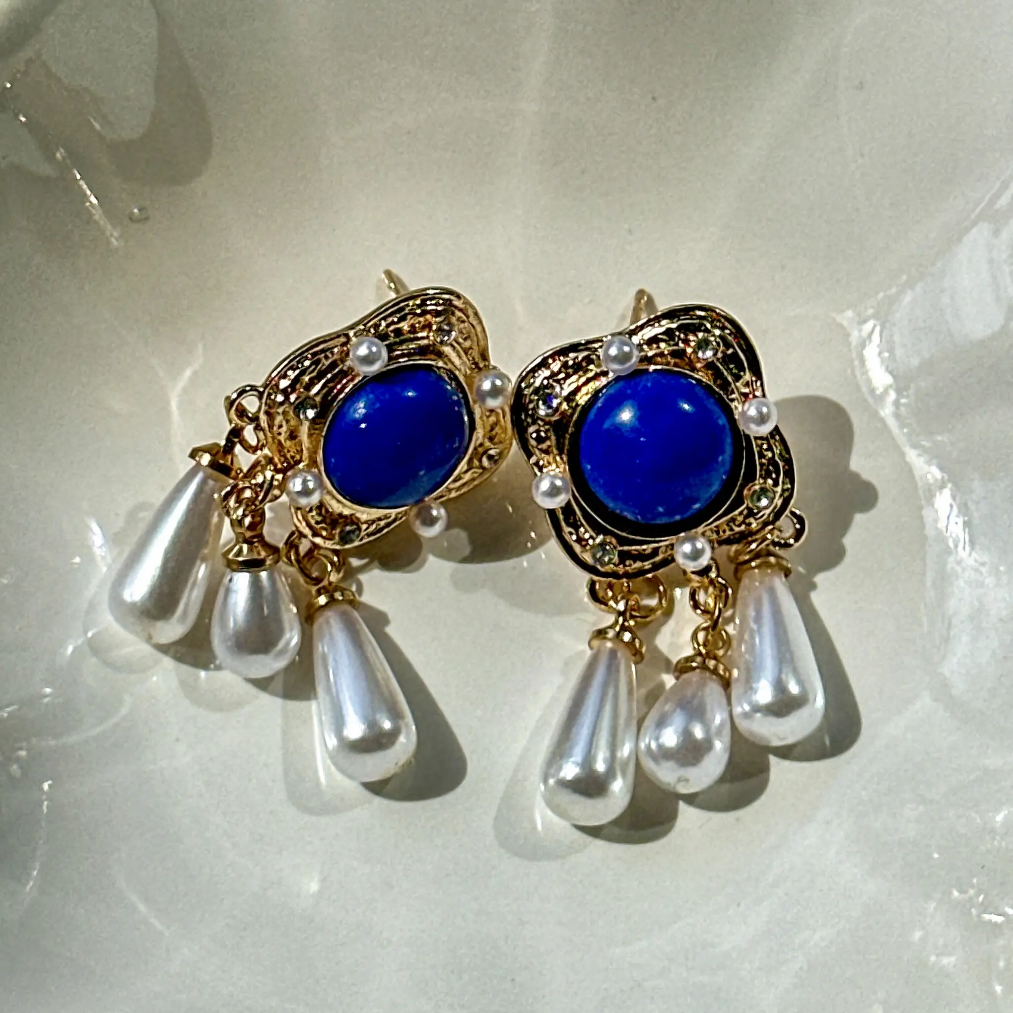 Vintage Blue Pearl Tassel Earrings | Ocean Inspired Statement Earrings | Baroque Gold Jewelry | Mermaidcore Earrings