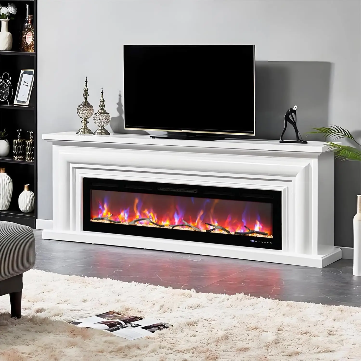 72-Inch Built-in & Wall-Mounted Electric Fireplace Heater, Remote Controlled, 12 Flame Flickering Effects, Touchscreen, Adjustable Brightness, Timer, Low Noise, Energy-Efficient, Consistent Warmth, Automatic Shut-Off Protection for Bedrooms, Living Rooms