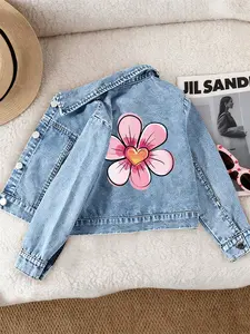 Girls' Casual Fashion Denim Jacket, Heart Flower Print, Comfortable Fit, Suitable for School and Dates, Ages 12 and Under