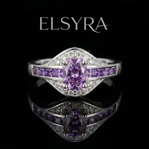 S925 Sterling Silver Ring with Center-focused, Marquise-shaped Symmetry, Symmetrical, Eye-catching Alignment, Perfect Balance Ring, Radial Symmetry, Eternal Amethyst Promise Ring, with Natural Amethyst Gemstone, Gift for Her, Valentine's Day