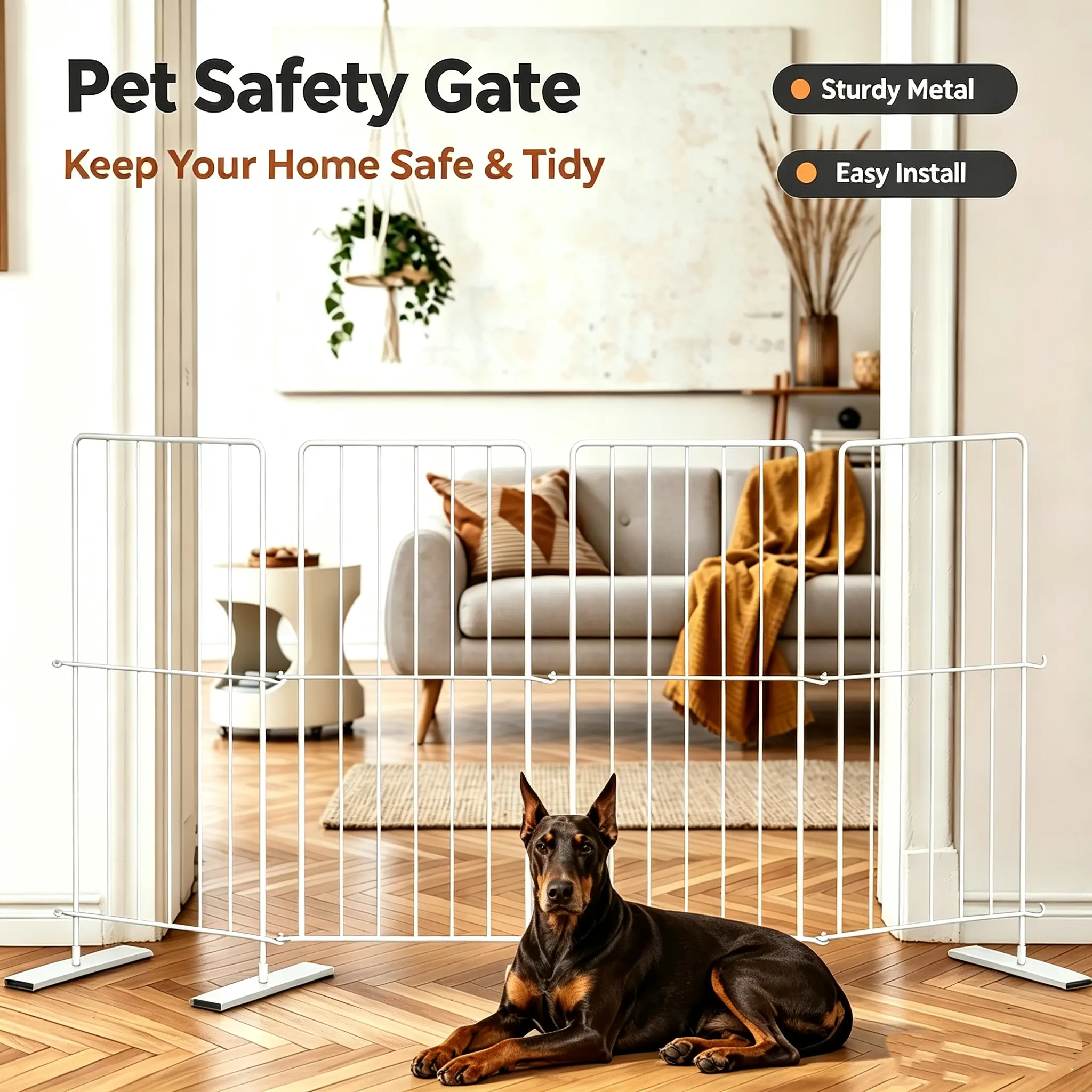 4-Panel Freestanding Decorative Metal Fence - Foldable, Adjustable, No-Drill Enclosed Easy Install Home Safety Barrier, Space Saver That Decorates Courtyard Space, Divides Plant Zones for Small Dogs