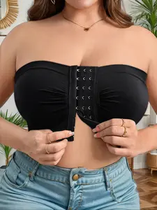 Women's Plus Size Strapless Front Buckle Push-Up Bra, Wireless Full Coverage Lifted Underwire-Free Backless Lingerie