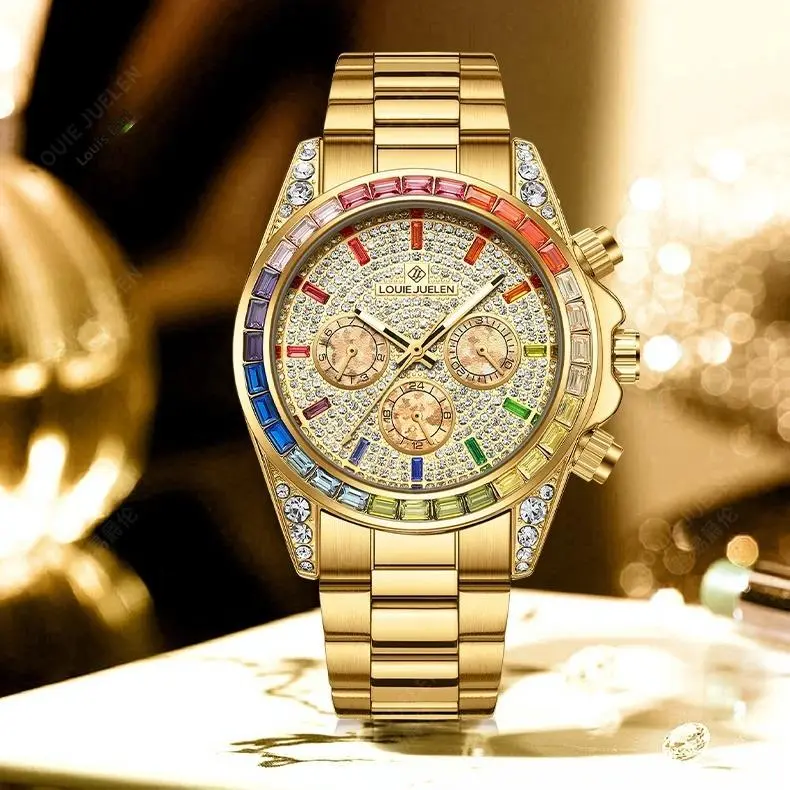 Men's Automatic Gold and Diamond Wrist Watch, a High-Profile Swiss-Crafted Timepiece with a 42mm Rainbow Bezel, Showcasing Grandeur and Durability for Boardrooms or Adventures, Gold And Diamond Wrist Watches, High-Profile Wrist Watches