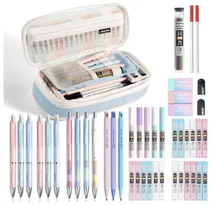 (Set of 45) Large-Capacity Pen Case, Pastel Mechanical Pencils with 24 Lead Tubes and Erasers for Writing and Drawing