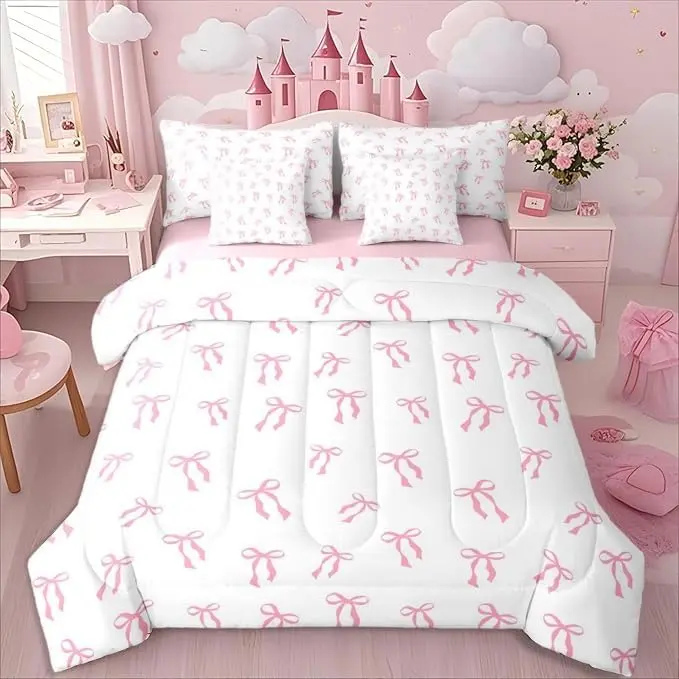 Feelyou 7-Piece Ultra Soft Microfiber Queen Bedding Set - Pink Princess Watercolor Bowknot Design, Kid-Focused Set with Blanket for Daughters, Multi-Size Sheets & Bedroom Decor Ideas