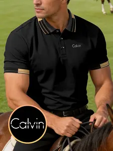 Men's Classic Calvin Print Polo Shirt, Elastic Casual Breathable All-Season Wear, Comfortable Durable High-End Fitted Design