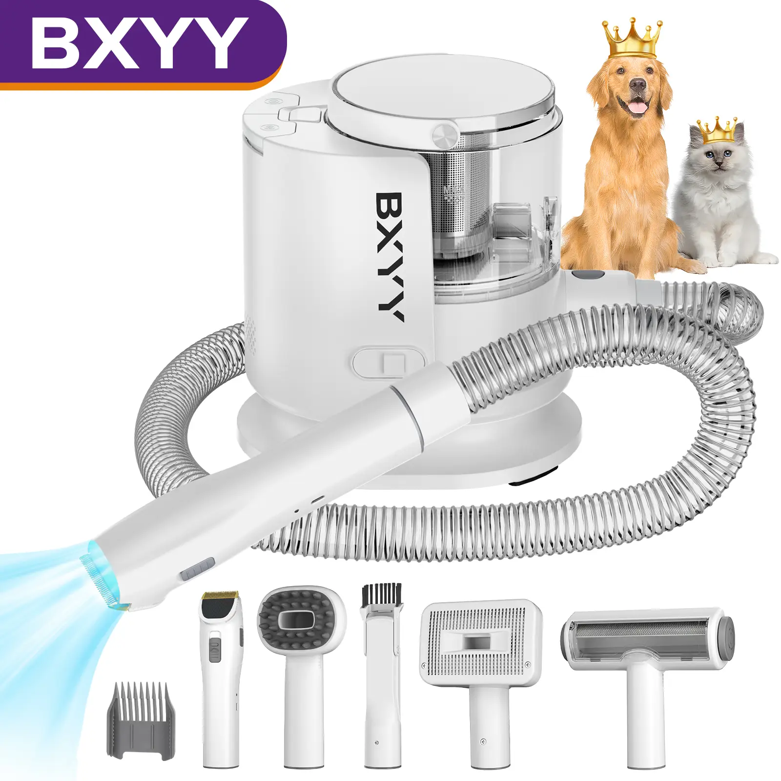 BXYY Dog Grooming Kit & 5 in 1 Pet Vacuum with 99% Suction, 1.5L Dust Cup, Shedding Brush, Electric Clipper & Hair Remover Roller for Dogs & Cats