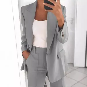 Women's 2-Piece Plus Size Business Casual Sets - Long Sleeve Basic Chic Elegant Dressy Blazer Jackets & Straight Leg Pants
