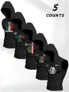 Men's Sleeveless Hooded T-Shirt Set, Fashion Mexican Theme Cultural Emblem Flag Print, Comfortable Knit Daily Wear, Trendy Summer Clothing, Tops