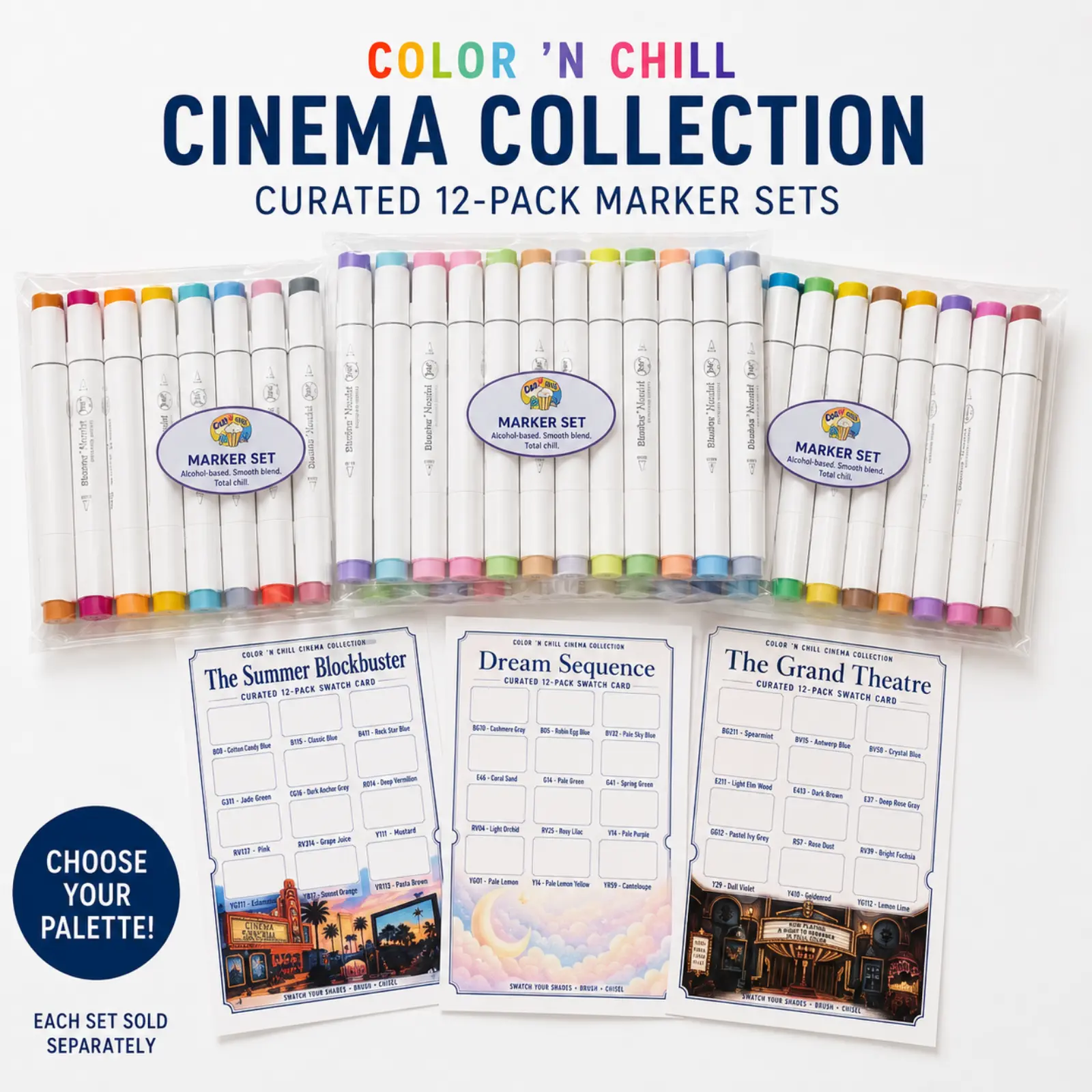 Color 'n Chill Cinema Collection Curated 12-Pack Ohuhu Honolulu Alcohol Marker Set + Exclusive Swatch Card, Colorful Marker Set, Journaling Supplies
