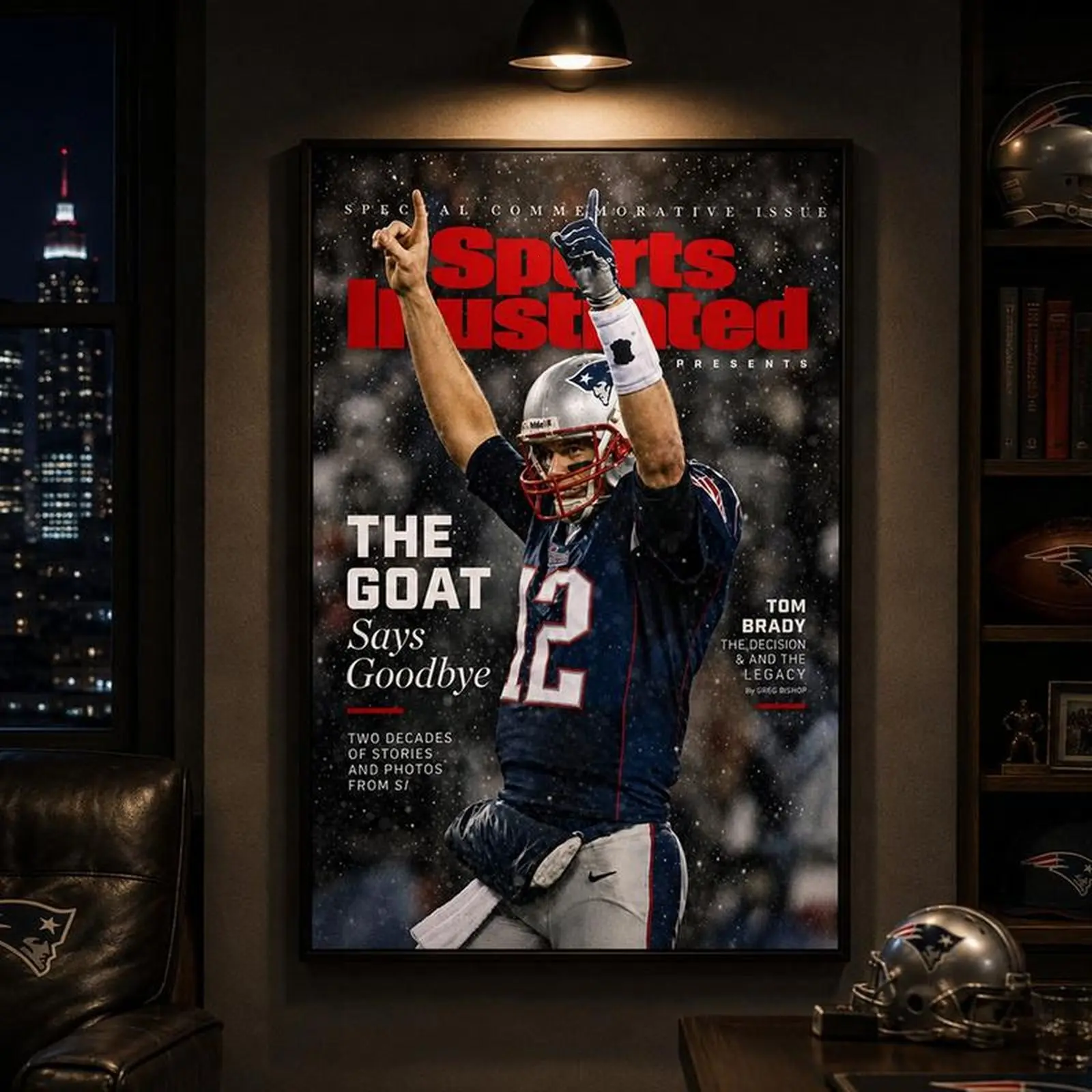 Satin Tom Brady Poster, Sports Illustrated NFL Football Wall Art, Iconic Athlete Man Cave Decor, UNFRAMED Print for NFL Fans’ Gym or Office Game Day Gifts